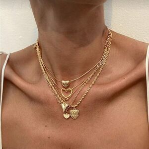 Gold Heart Layered Necklace Set - Women Jewelry